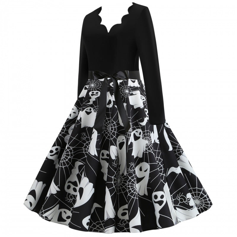 Damen Swingkleid mit wellenförmigem Ausschnitt, langärmligem Oberteil und Geister-Print mit Taillenschleife Drune