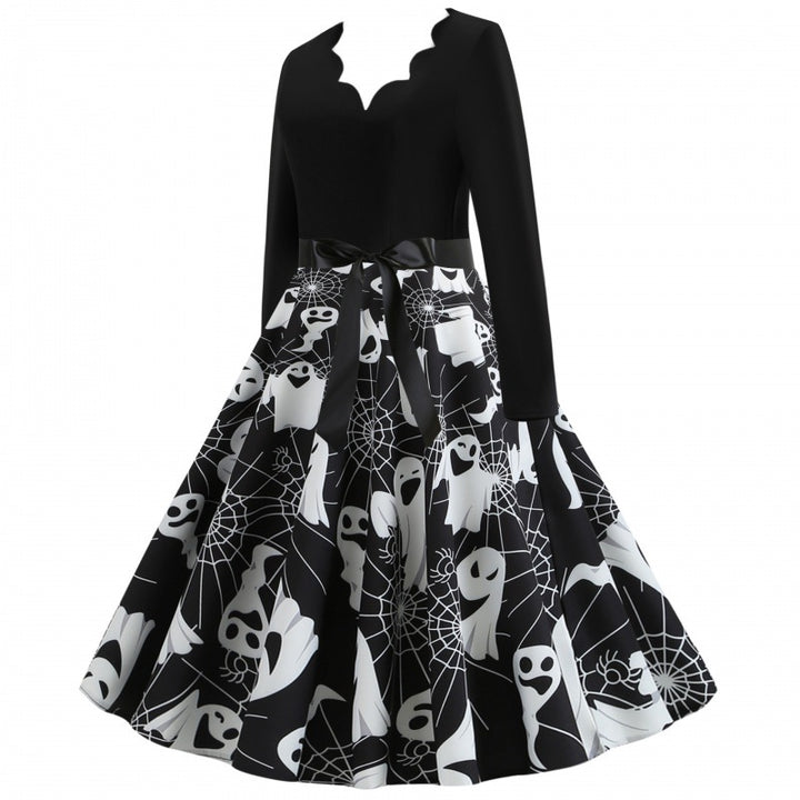 Damen Swingkleid mit wellenförmigem Ausschnitt, langärmligem Oberteil und Geister-Print mit Taillenschleife Drune