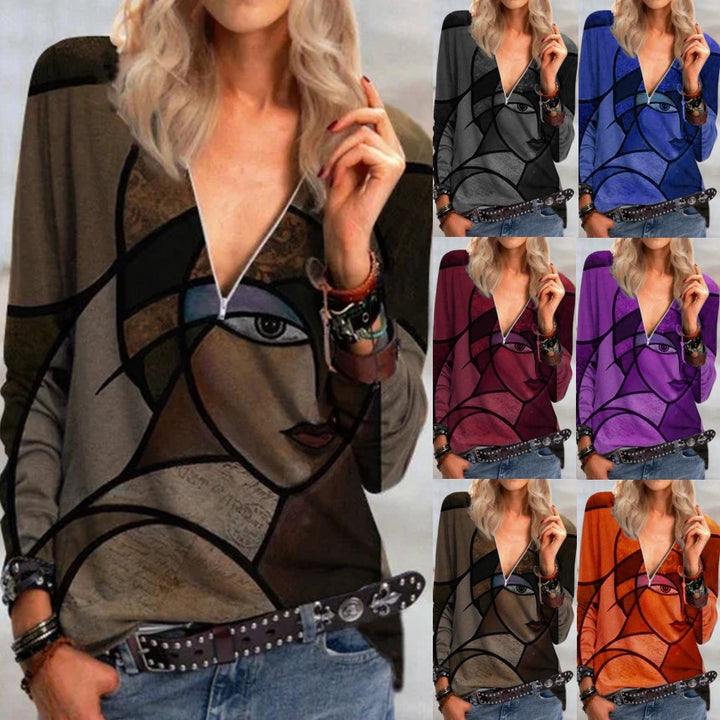 Damen V-Ausschnitt Langarmshirt mit abstraktem kubistischen Druck und Reißverschluss Drune