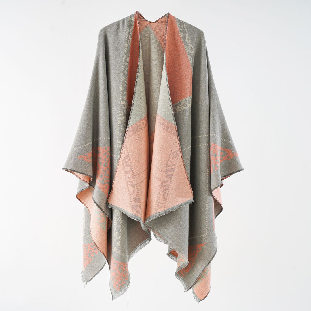 Damen Oversize Cape-Überwurf mit jacquardgewebten Patchmotiven und Fransensaum Drune