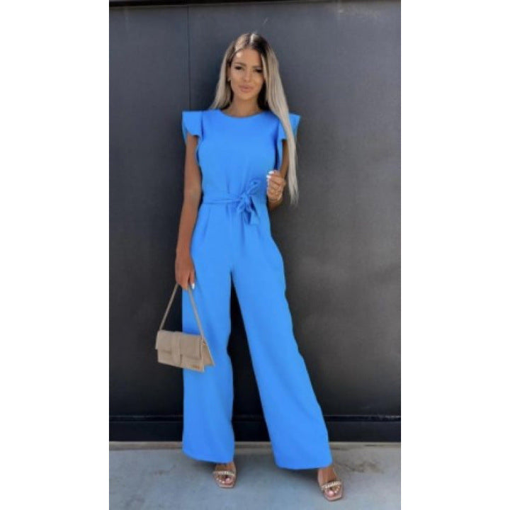 Frauen Fließender Weitbeiniger Jumpsuit mit Rüsche Ärmel Drune