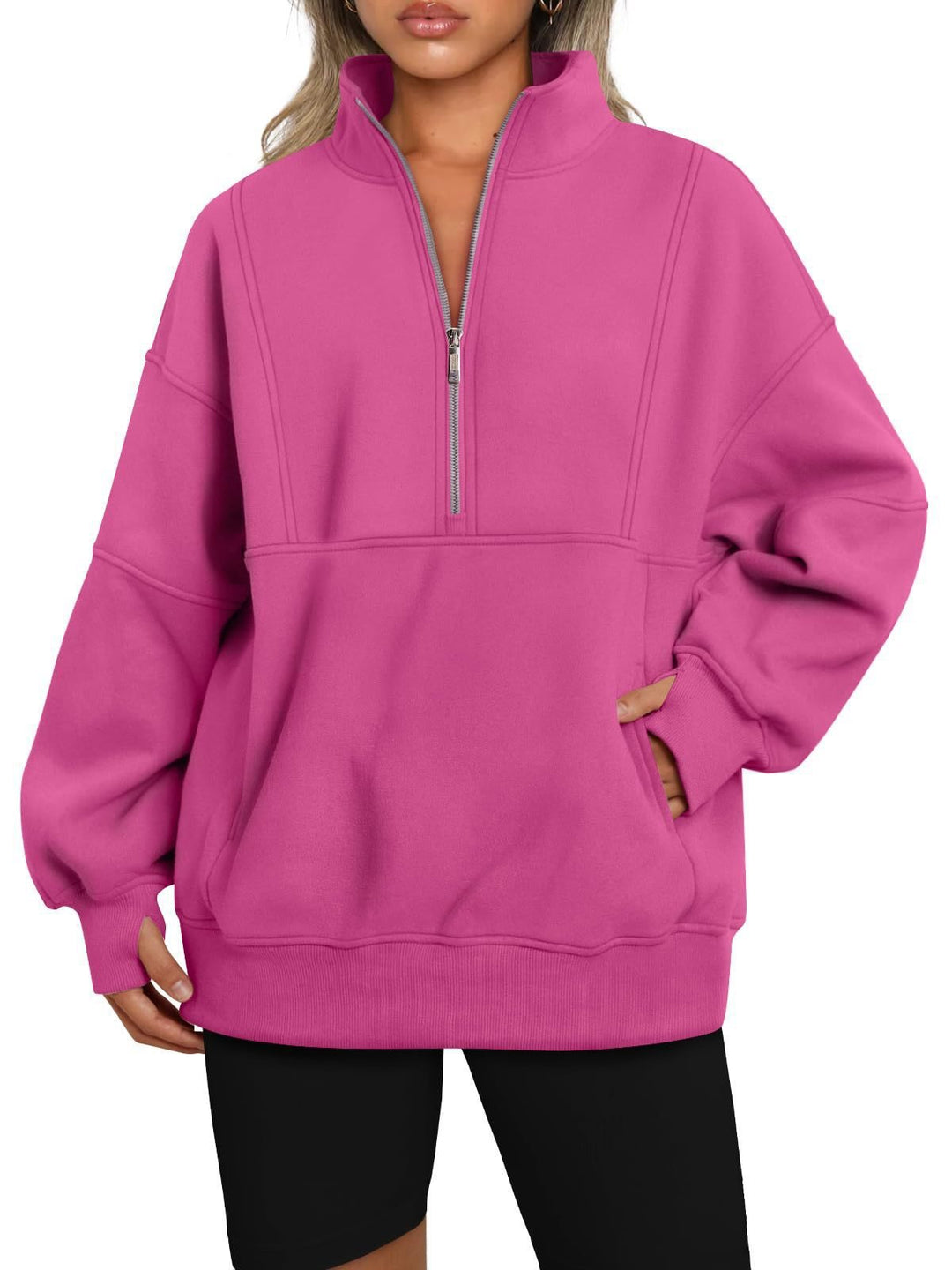 Damen Oversize-Sweatshirt mit halbem Reißverschluss, Stehkragen und Kängurutasche Drune