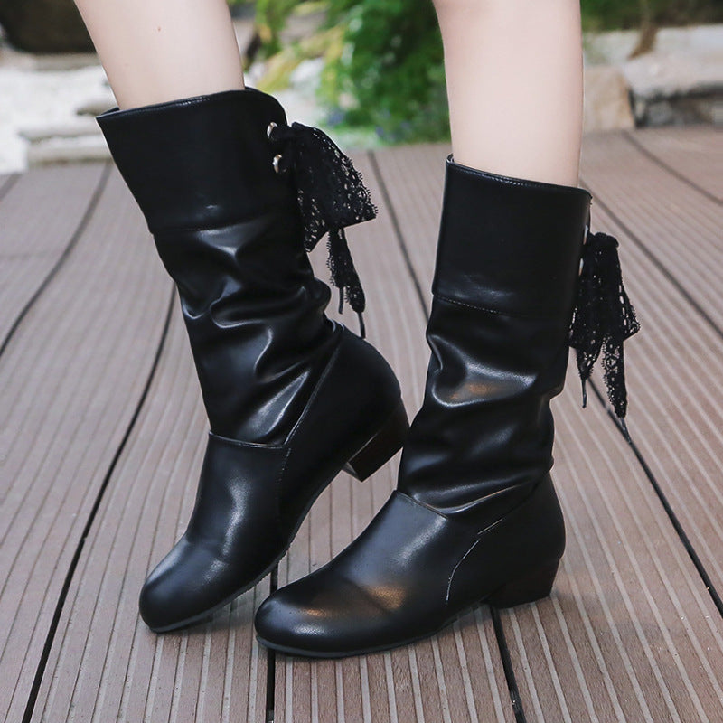 Damen  knielange Stiefel mit rückseitiger Schnürschleife, gerafftem Schaft und flachem Blockabsatz Drune