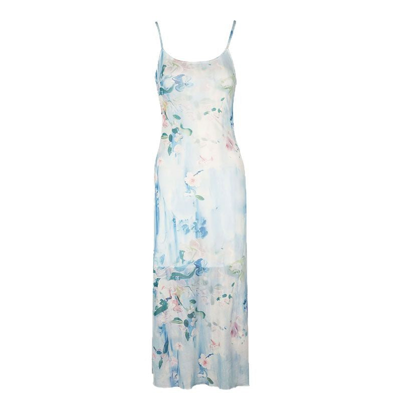 Damen fließendes Maxikleid mit Spaghettiträgern und floralem Druck Drune