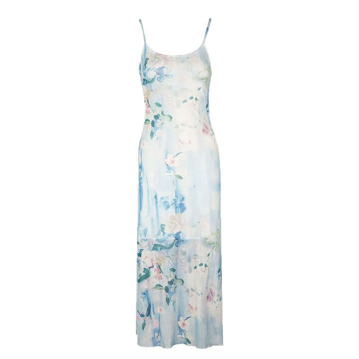 Damen fließendes Maxikleid mit Spaghettiträgern und floralem Druck Drune