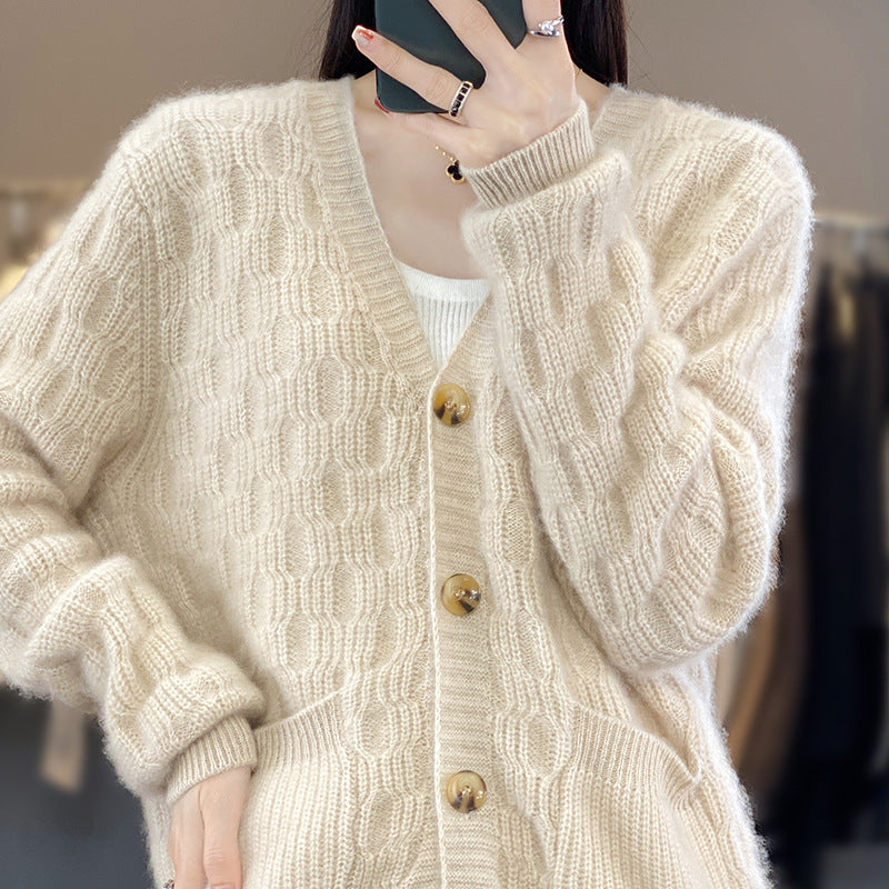 Damen Weicher Angora‑Look Zopfmuster-Cardigan mit V‑Ausschnitt und aufgesetzten Taschen Drune