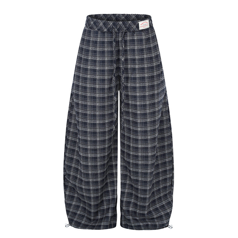 Damen Karierte Palazzo-Hose im Loungewear-Stil mit weitem Bein, elastischem Bund und Tunnelzug Drune