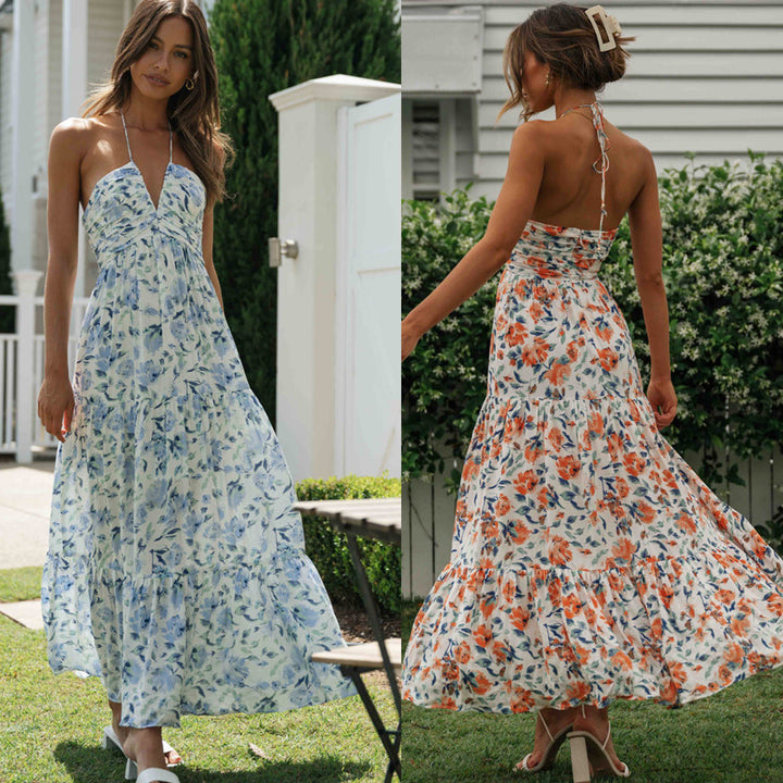 Damen Maxikleid mit zarten Blumendrucken und verstellbaren Spaghettiträgern Drune