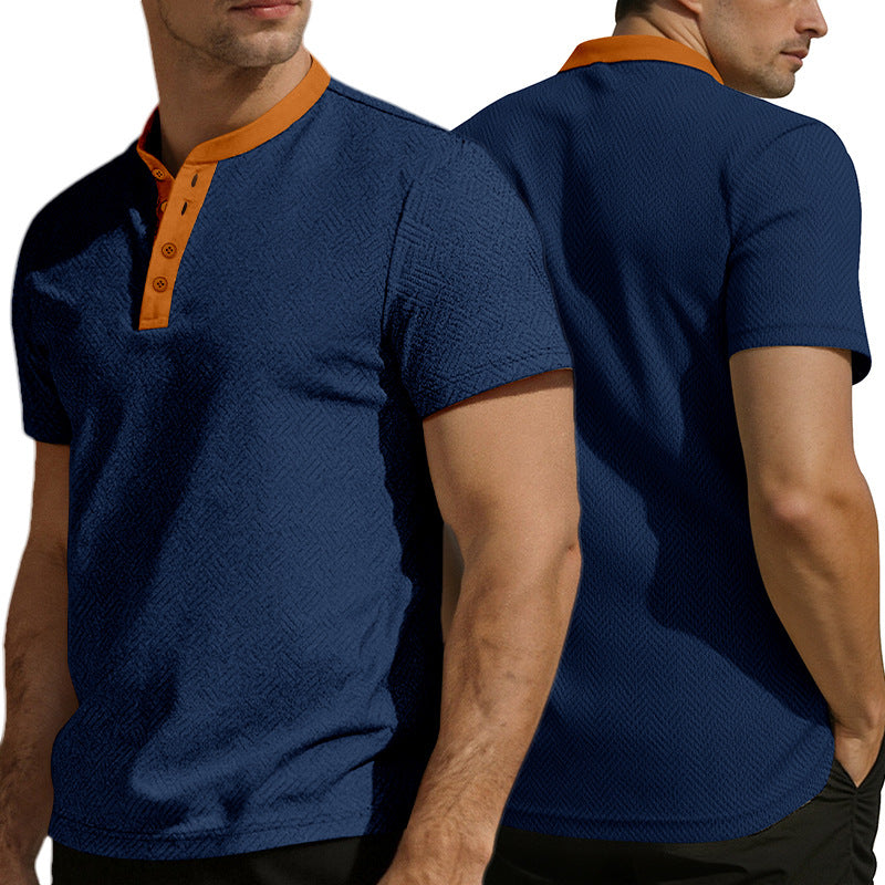 Herren nan schlankes Kurzarm-Henley-Poloshirt mit Mandarin-Kragen und feiner Jacquardstruktur Drune
