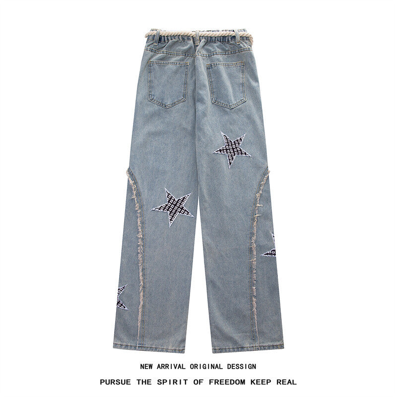 Damen Weite High‑Waist Denimhose mit Stern‑Applikationen, Fransen‑Seitenschlitzen und Kordelbund Drune