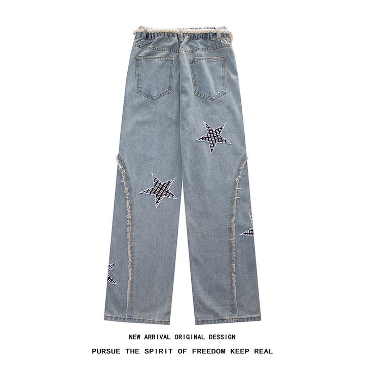 Damen Weite High‑Waist Denimhose mit Stern‑Applikationen, Fransen‑Seitenschlitzen und Kordelbund Drune