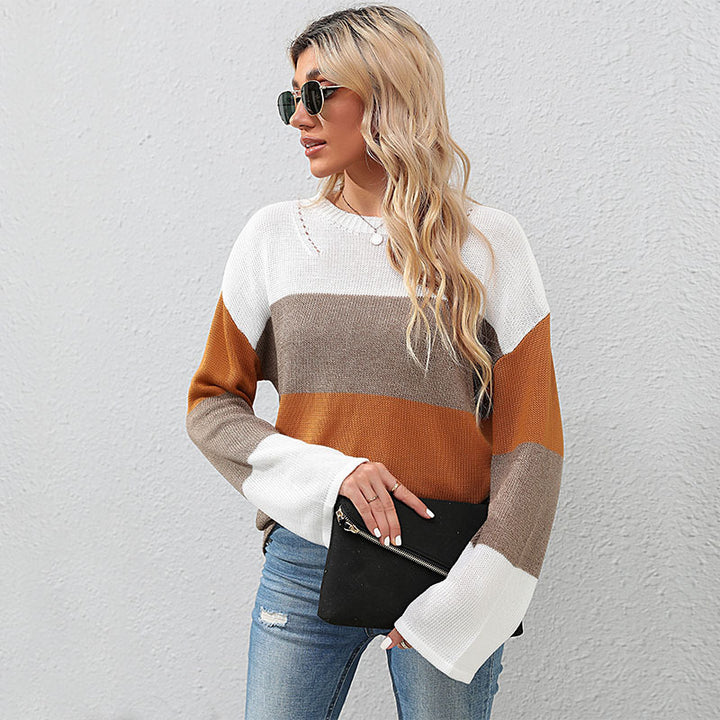 Damen Oversize Farbblock Strickpullover mit Rundhalsausschnitt und langen Ärmeln Drune