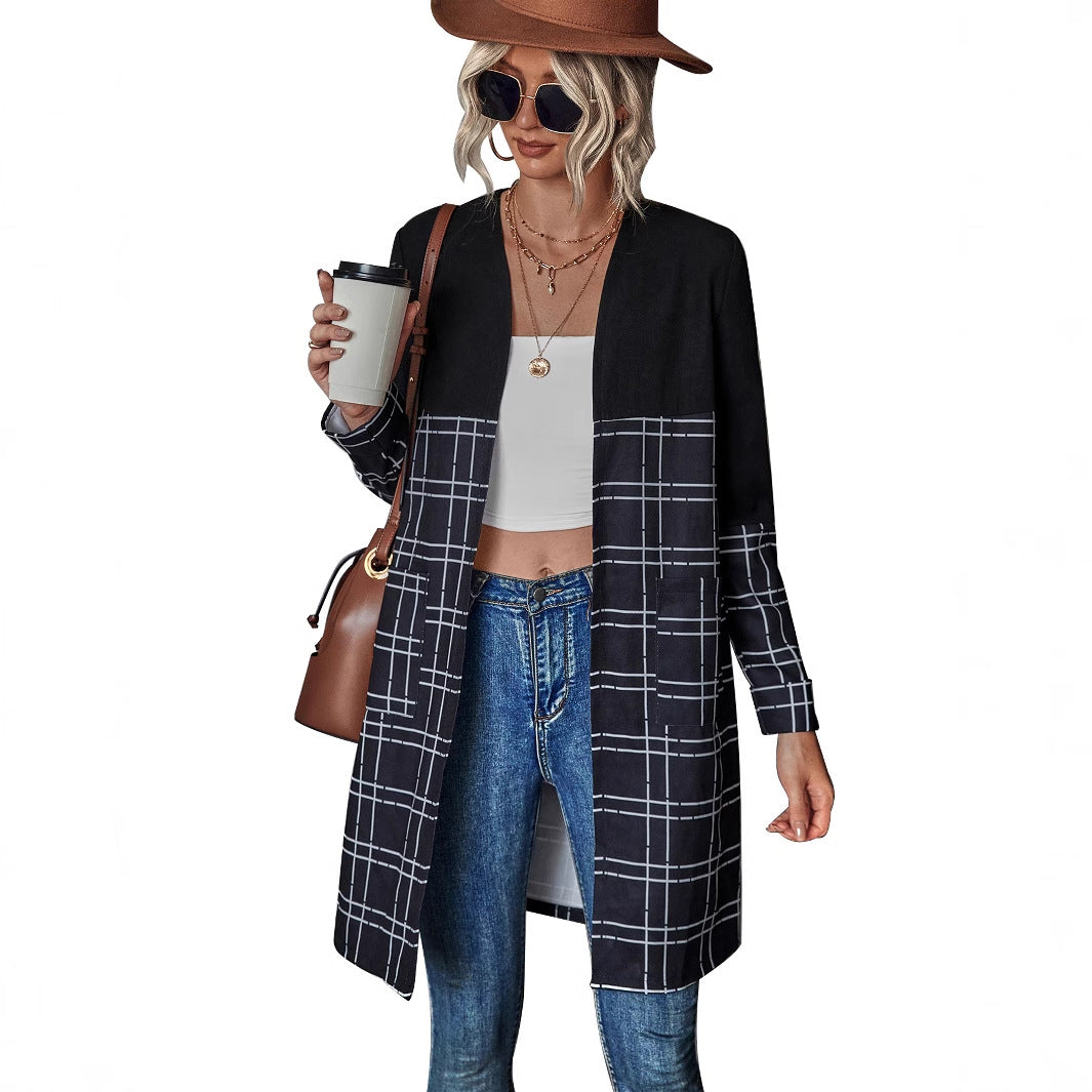 Damen längerer Blazer mit grafischem Karomuster Drune