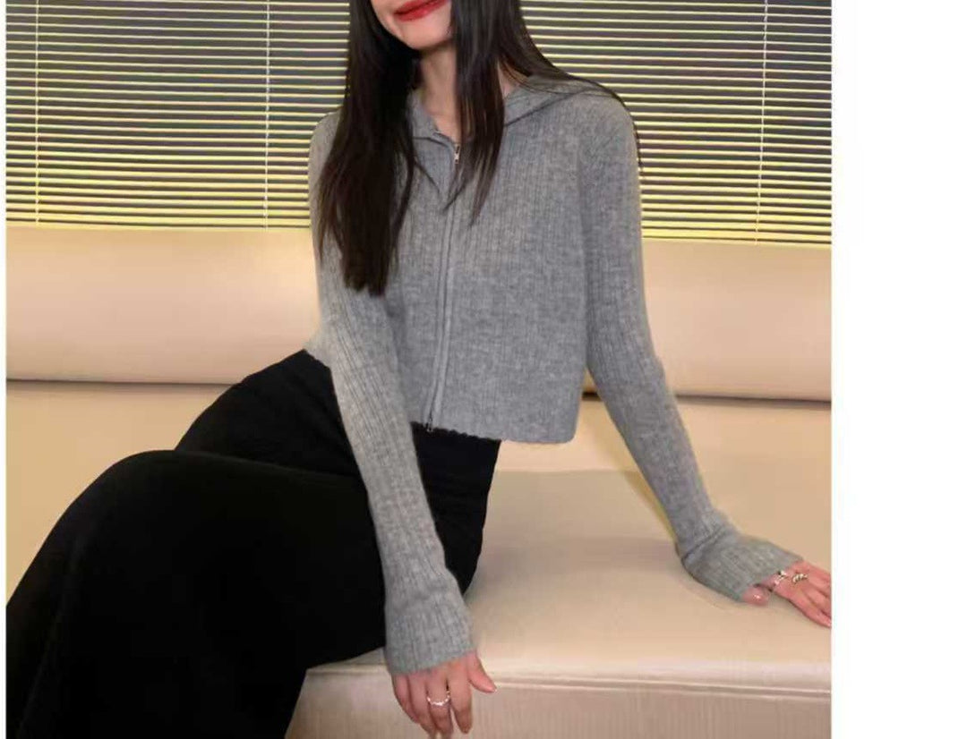 Damen modische Kapuzenjacke mit feinen Rippstrick-Details Drune