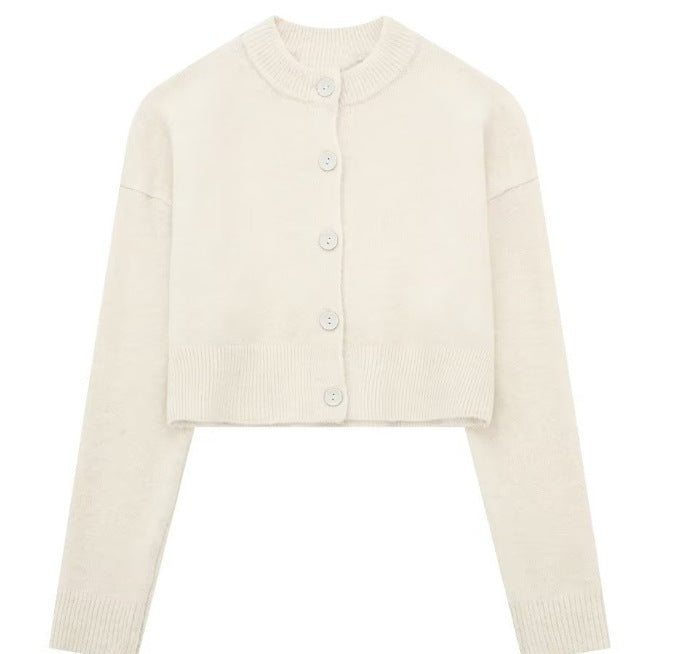 Damen kurze Strickjacke mit Knopfleiste und elegantem Rundhalsausschnitt Drune