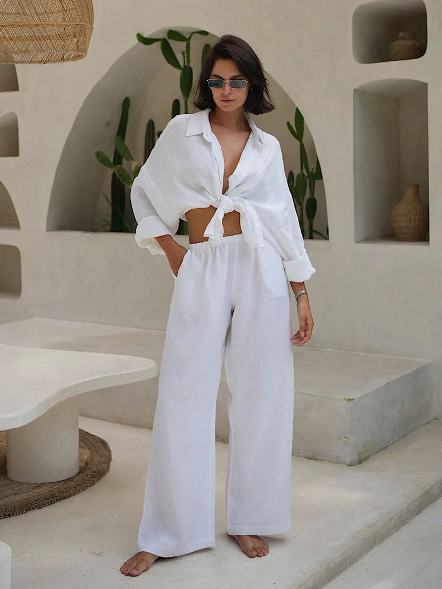 Damen Bequemes Leinen-Loungewear-Ensemble mit weiten Ärmeln und fließender Hose Drune