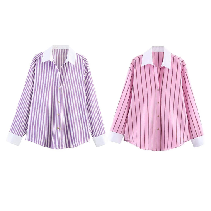 Damen Oversize-Hemdbluse mit Kontrastkragen, Manschetten und vertikalem Streifenmuster Drune