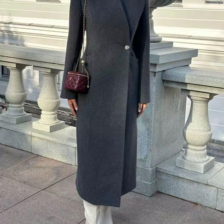 Damen Eleganter Wollmix-Langmantel mit schalkragenloser Optik und Ein-Knopf-Verschluss Drune