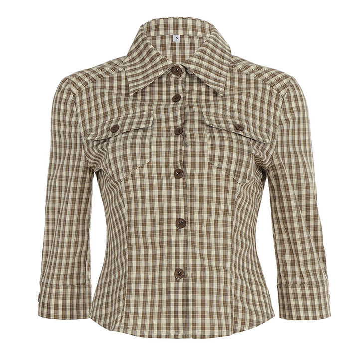 Damen nan taillierte Dreiviertelarm Karobluse mit Brustpattentaschen und Hemdkragen Drune