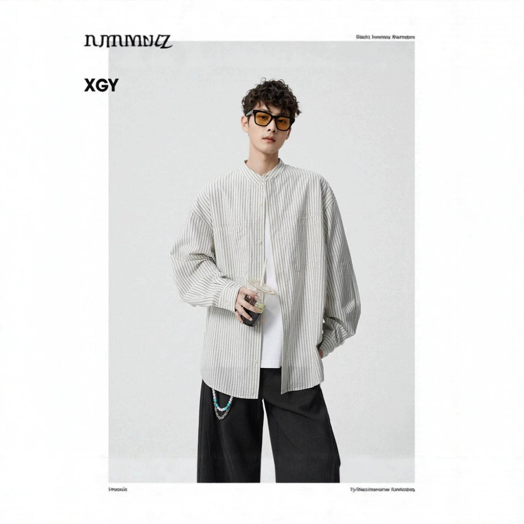 Herren Oversize-Hemd mit Stehkragen und feinem Nadelstreifen Drune
