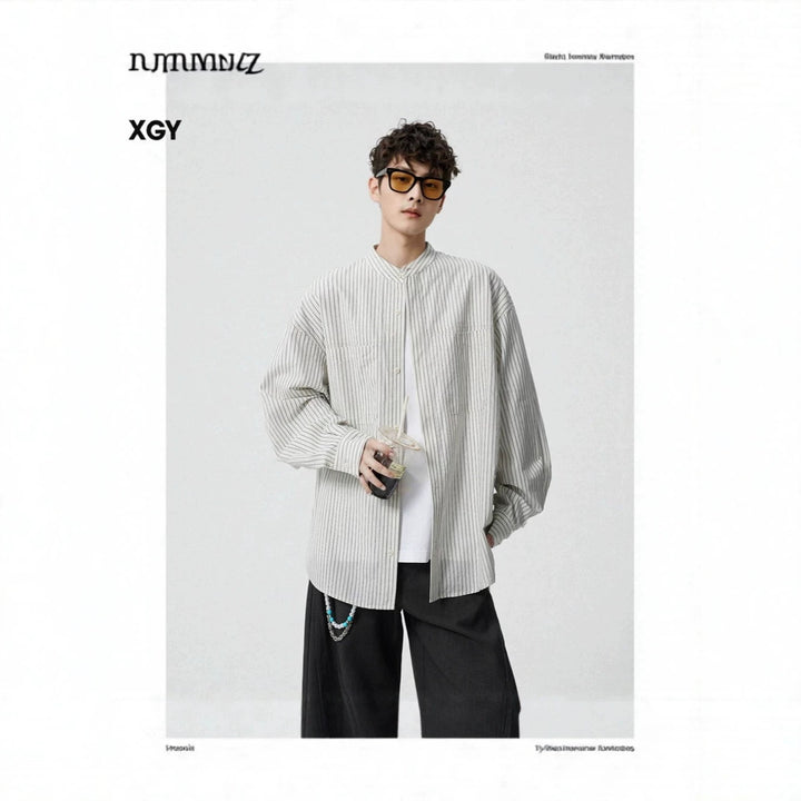Herren Oversize-Hemd mit Stehkragen und feinem Nadelstreifen Drune