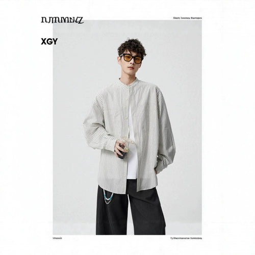 Herren Oversize-Hemd mit Stehkragen und feinem Nadelstreifen Drune