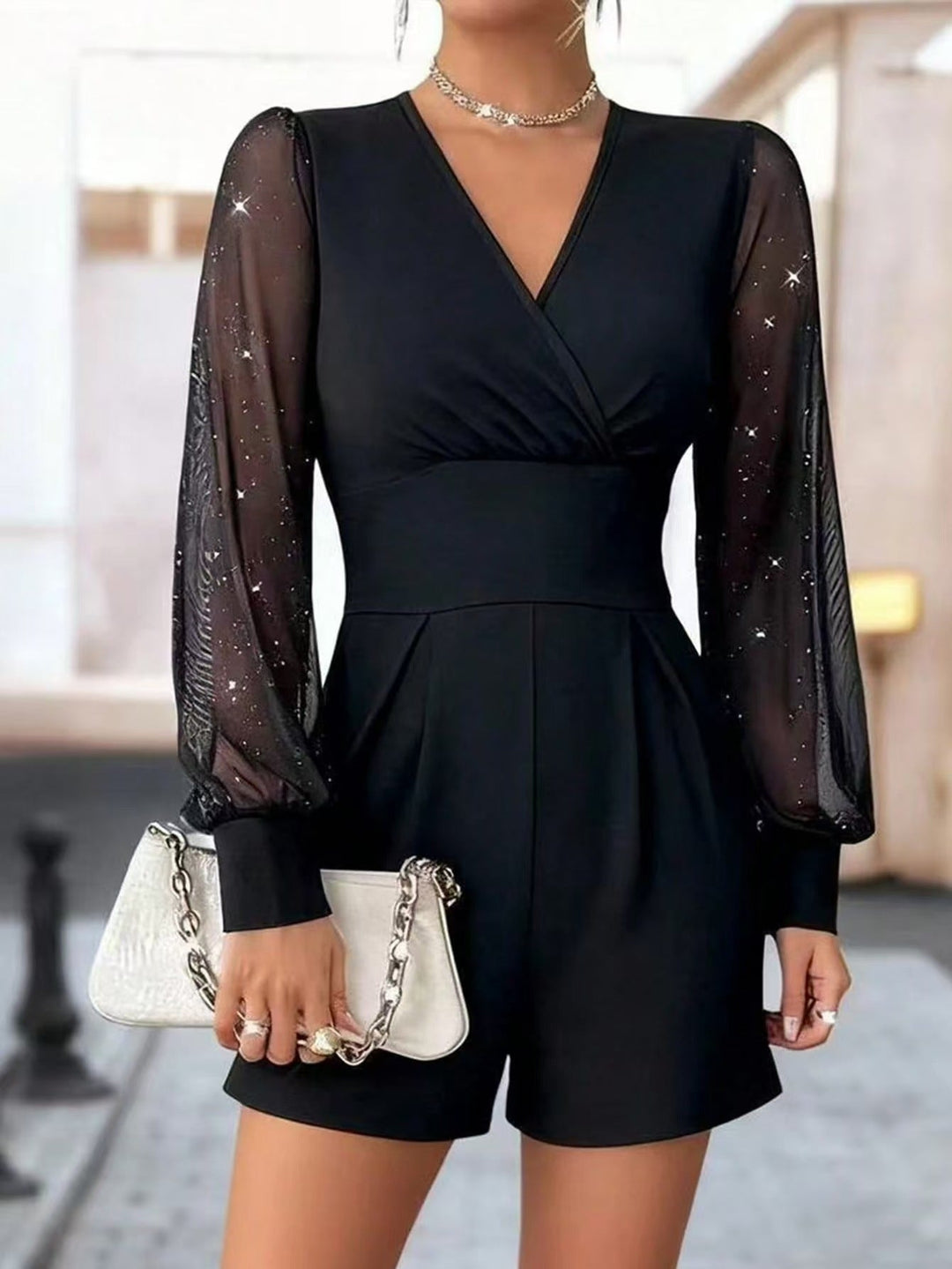 Damen eleganter Jumpsuit mit transparenten Puffärmeln und V-Ausschnitt Drune