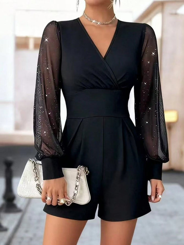 Damen eleganter Jumpsuit mit transparenten Puffärmeln und V-Ausschnitt Drune