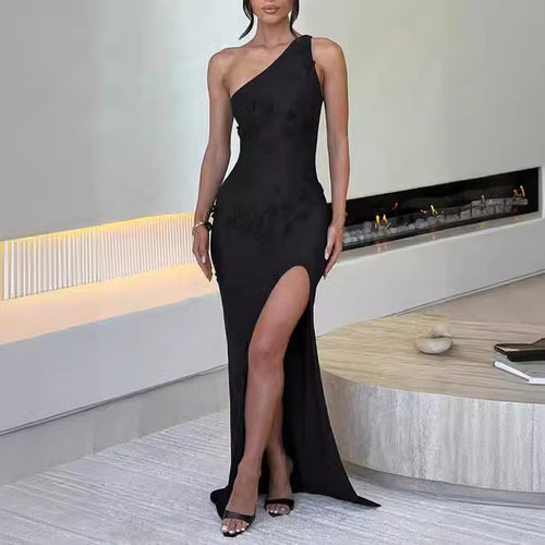 Damen Elegantes Abendkleid mit asymmetrischem Ausschnitt und hohem Schlitz Drune
