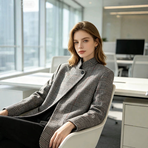Damen Glencheck-Kurzblazer im Boxy-Schnitt mit Stehkragen und verdeckter Knopfleiste Drune