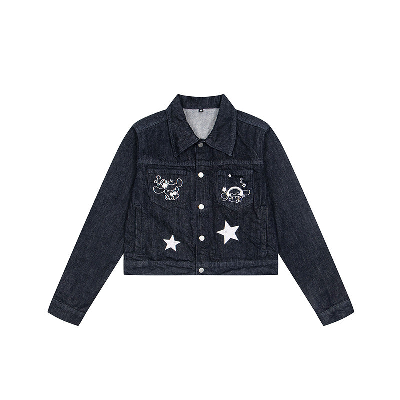 Damen Kurz geschnittene Jeansjacke mit Stern‑Applikationen und Cartoon‑Stickereien Drune