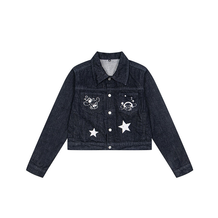 Damen Kurz geschnittene Jeansjacke mit Stern‑Applikationen und Cartoon‑Stickereien Drune