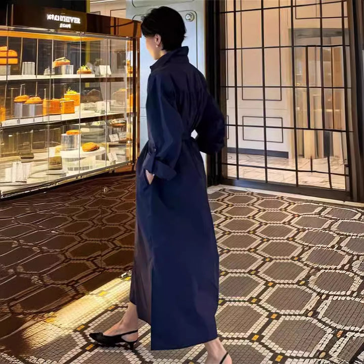 Damen Maxikleid im Oversize-Hemdstil mit Stehkragen, Schulterpasse und Eingrifftaschen Drune