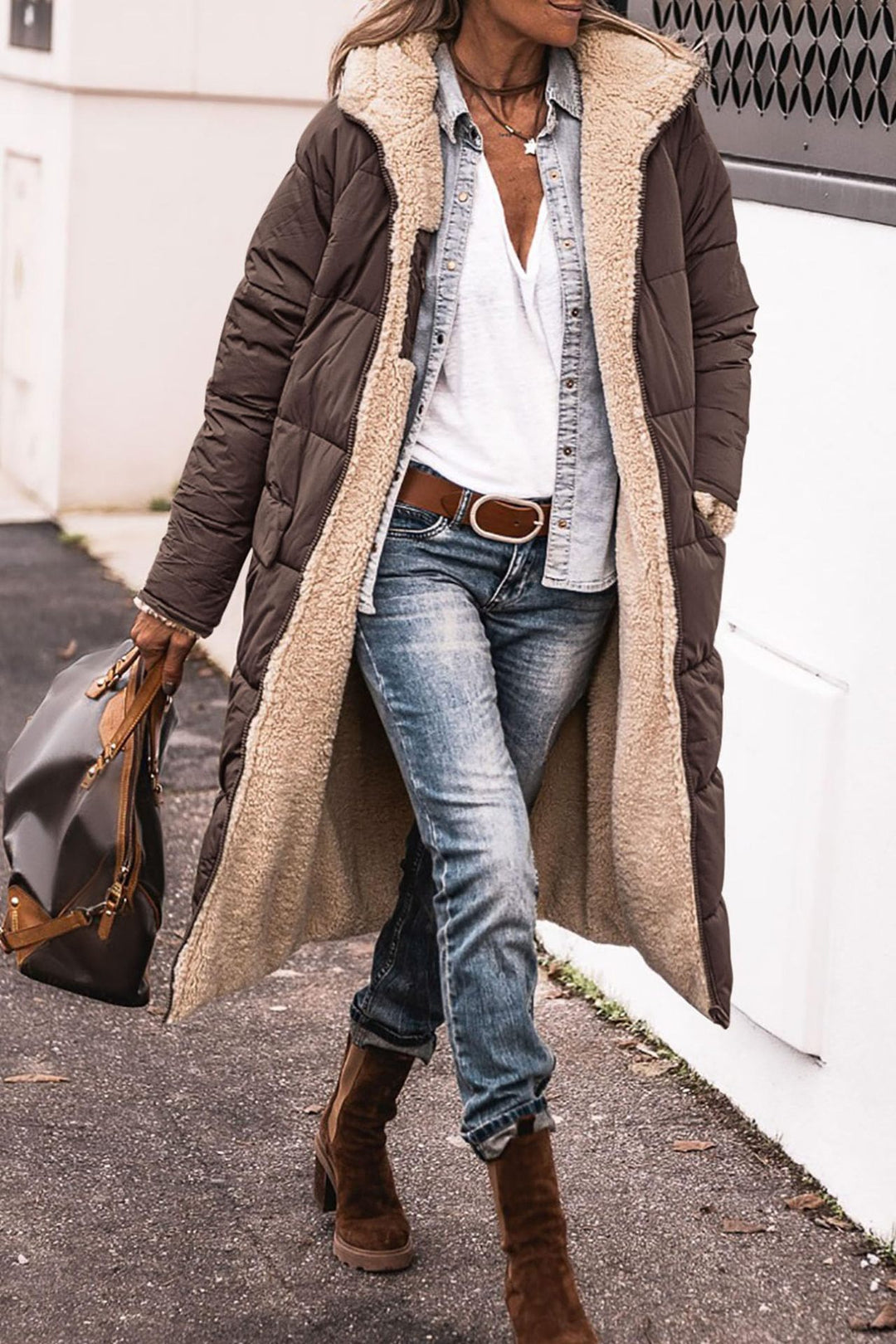Damen gefütterte Langjacke mit Teddyfell-Innenfutter Drune