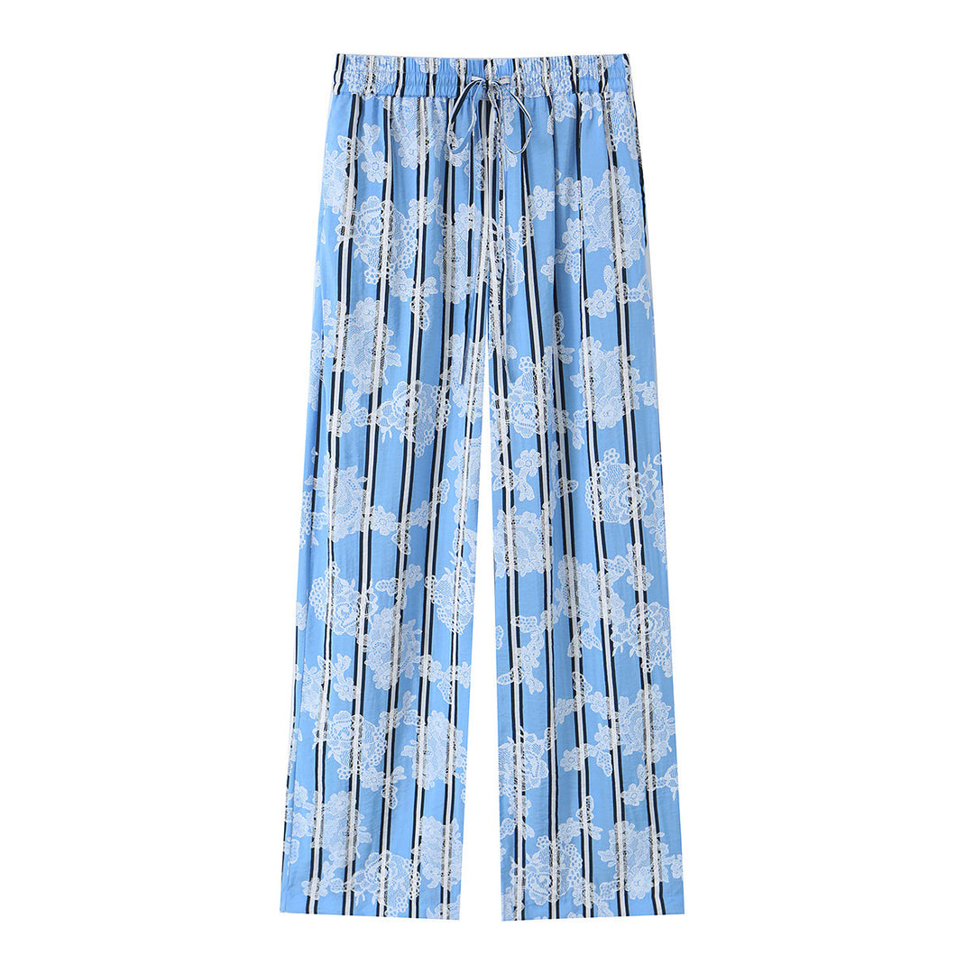 Damen weite Palazzohose mit elastischem Kordelbund und floraler Spitze‑Optik Drune
