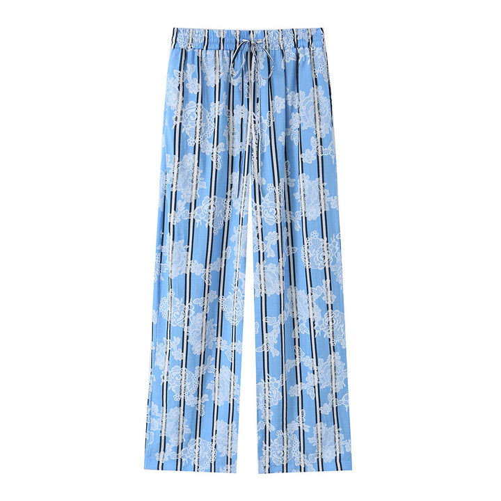 Damen weite Palazzohose mit elastischem Kordelbund und floraler Spitze‑Optik Drune