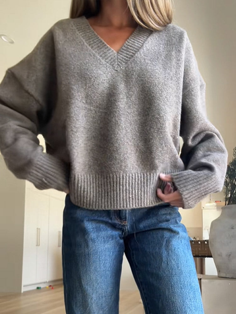 Damen Oversized V-Ausschnitt Strickpullover mit geripptem Saum Drune