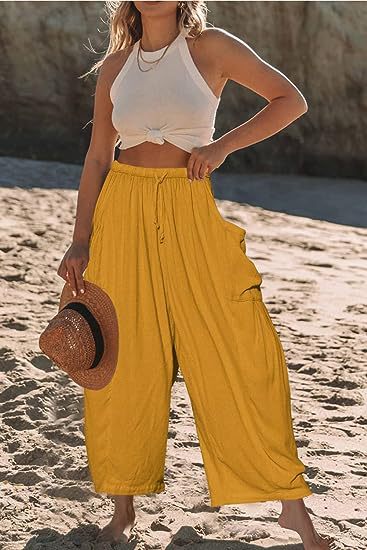 Damen Hochbundweite Weitbein Leinenmix Cargo Cropped Hose Drune