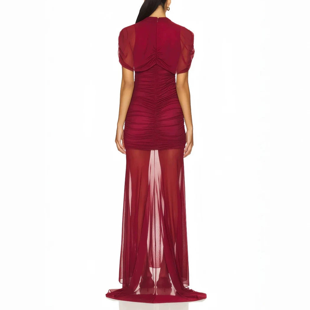 Damen Elegantes Cocktailkleid mit gerafftem Design und transparenter Schicht Drune
