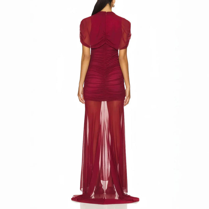 Damen Elegantes Cocktailkleid mit gerafftem Design und transparenter Schicht Drune