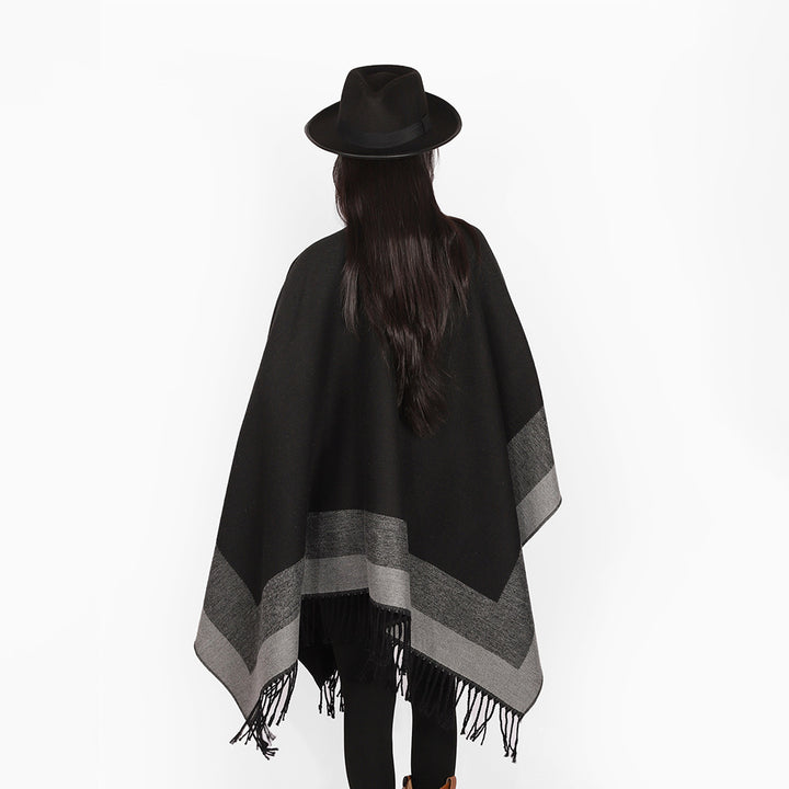 Damen Wollmix-Capeponcho mit kontrastierter Kante, großem Oversize-Fall und Fransensaum Drune