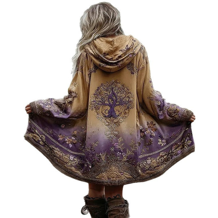 Damen Boho Kapuzenmantel im Schwung-Schnitt mit Baum-Motiv und Farbverlauf Drune