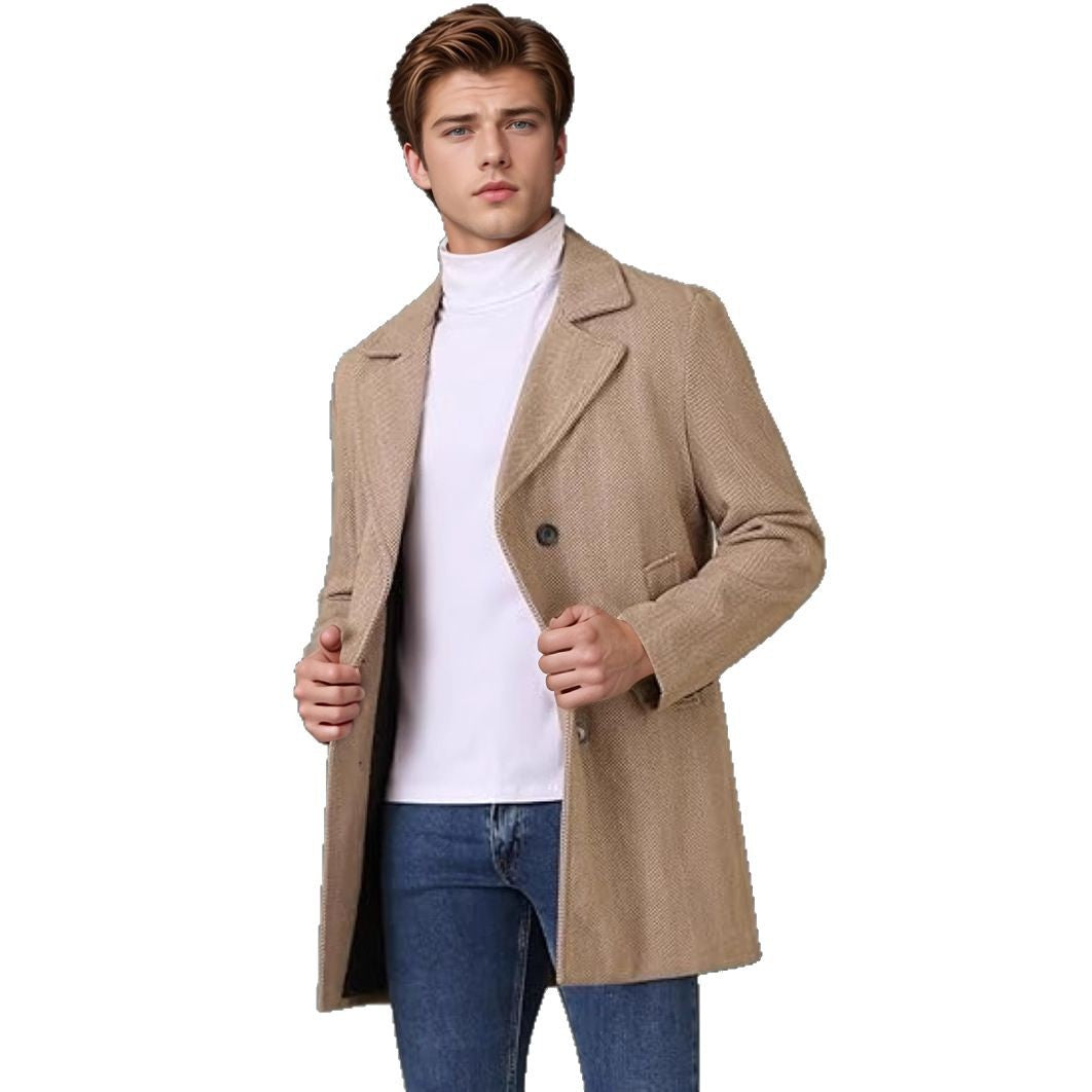 Herren eleganter Doppelreiher-Mantel mit strukturiertem Herringbone-Muster Drune