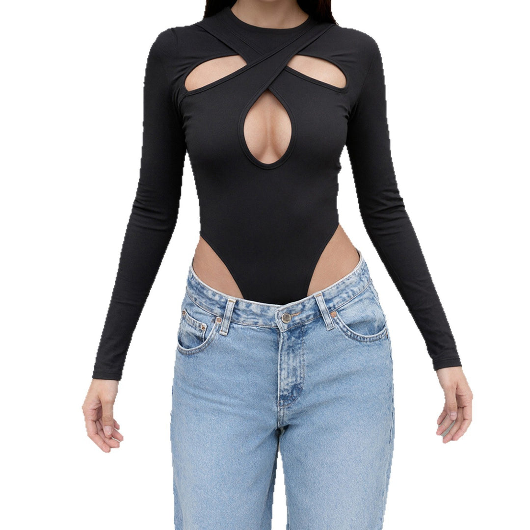 Damen Langarm Bodysuit mit raffiniertem Kreuz-Design und Hochbund Drune