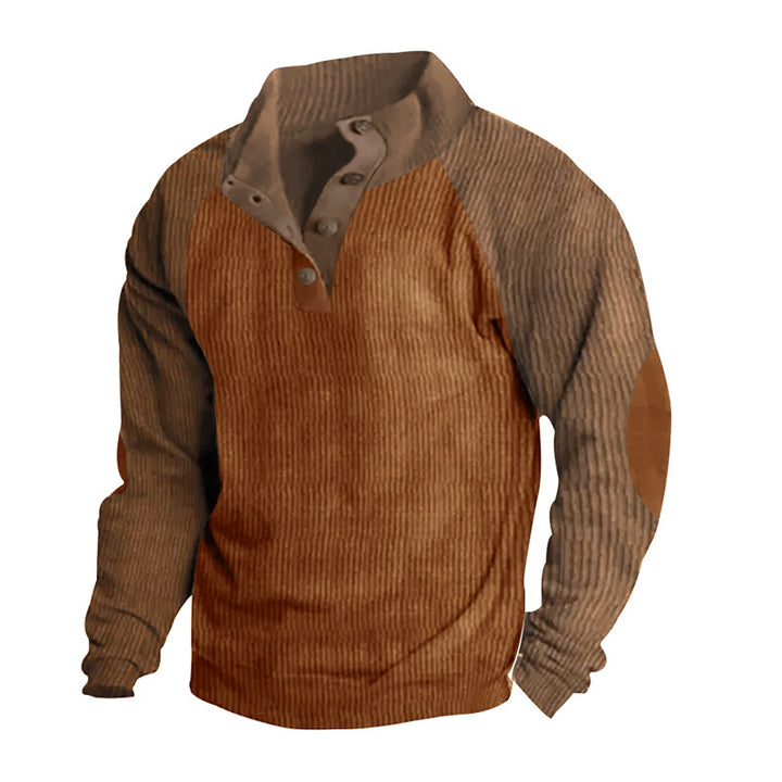 Herren nan Cordoptik-Halbknopf-Pullover mit Stehkragen, Raglanärmeln und Ellenbogenpatches Drune