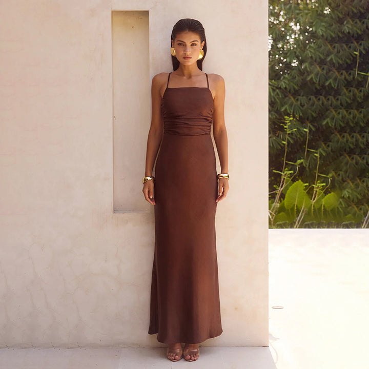 Damen Elegantes Maxikleid mit raffiniertem Raffungseffekt und Spaghettiträgern Drune