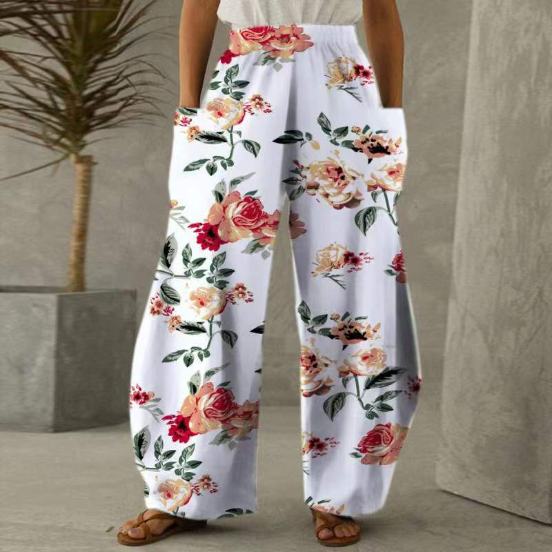 Damen Weite Blumen-Hosen mit Taschen und elastischem Bund Drune