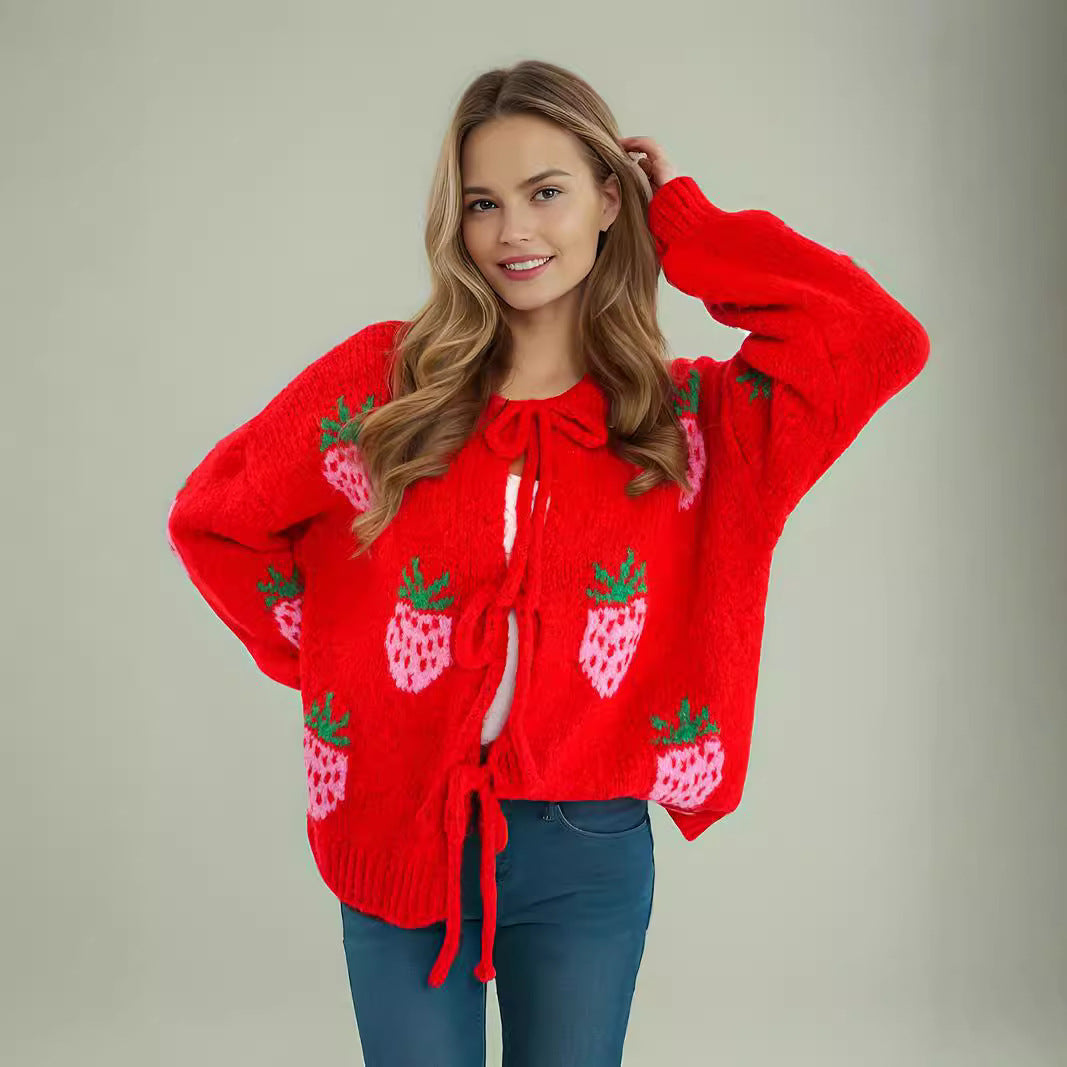 Damen Strickpullover mit zauberhaftem Erdbeermotiv und ballonen Ärmeln Drune