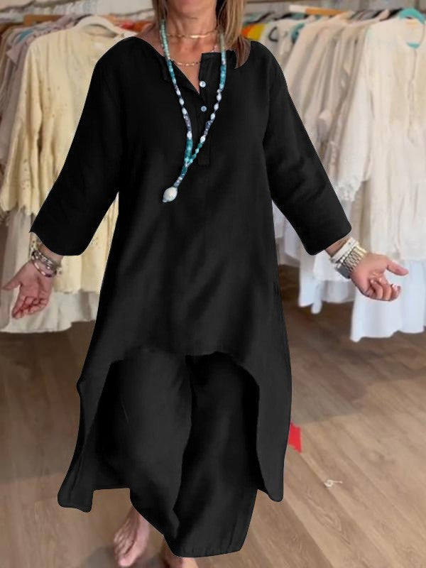 Damen Midilanges Leinen-Tunika-Set mit asymmetrischem Saum und weiter Palazzo-Hose Drune