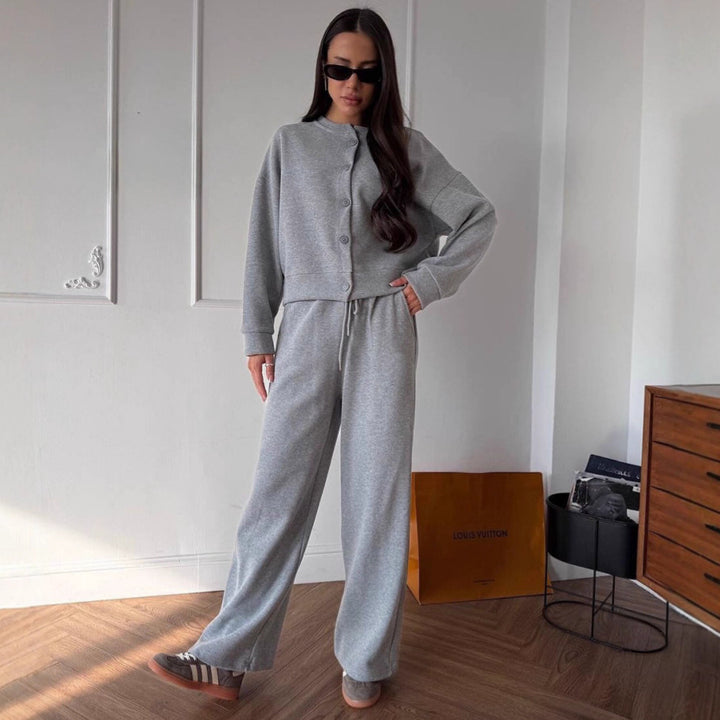 Damen geknöpftes Cropped-Lounge-Set mit Oversize-Cardigan und hochtaillierter Wide-Leg Jogginghose Drune